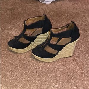 Black wedge zip front heels- size 5